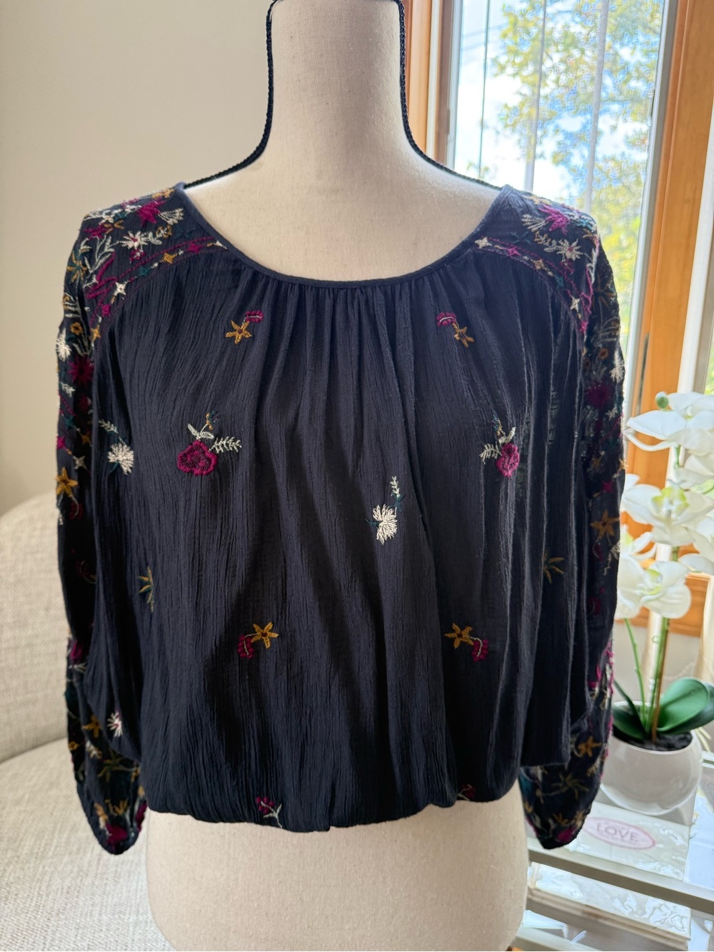 Free People Black Embroidered Floral Peasant Top